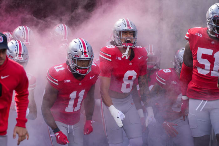 Ohio State Buckeyes walk out of the tunnel at Ohio Stadium in Columbus, Ohio, prior to their Week 6 matchup against Maryland